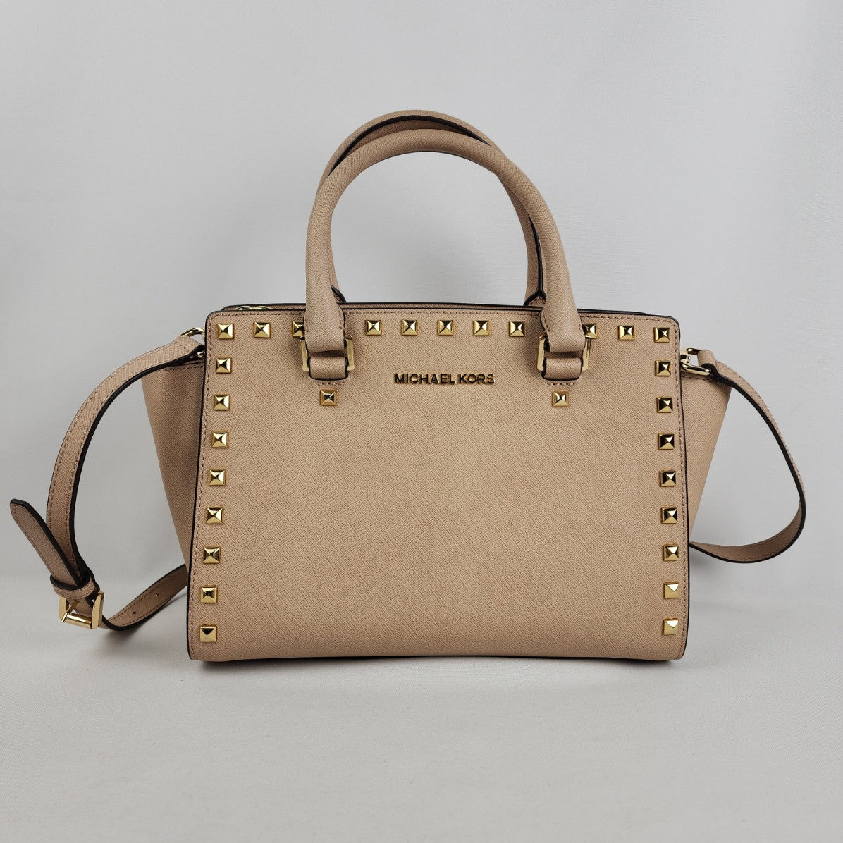 Michael Kors Selma Nude Leather Gold Studded Satchel Purse