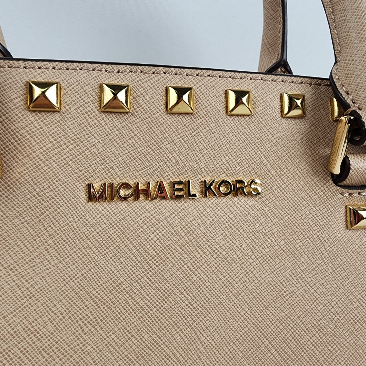 Michael Kors Selma Nude Leather Gold Studded Satchel Purse