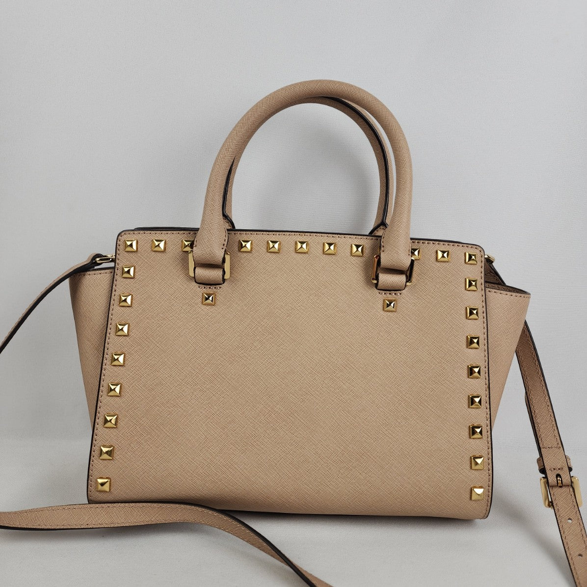 Michael Kors Selma Nude Leather Gold Studded Satchel Purse