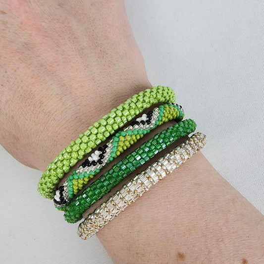 Nepal Glass Beaded Green & Gold Roll On Bracelets