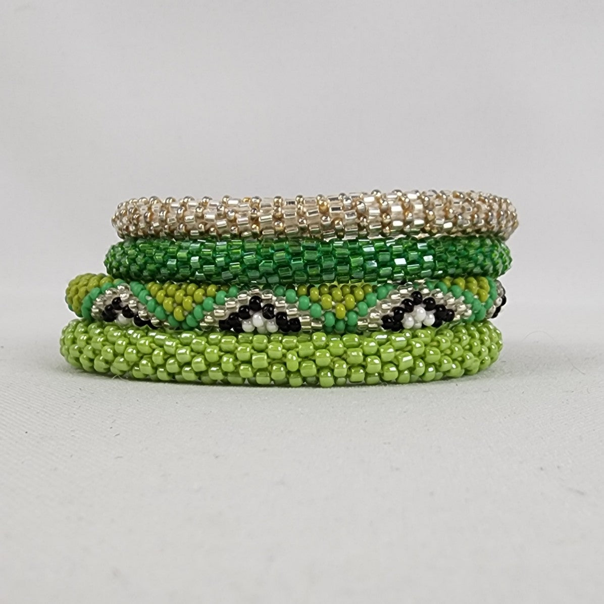 Nepal Glass Beaded Green & Gold Roll On Bracelets