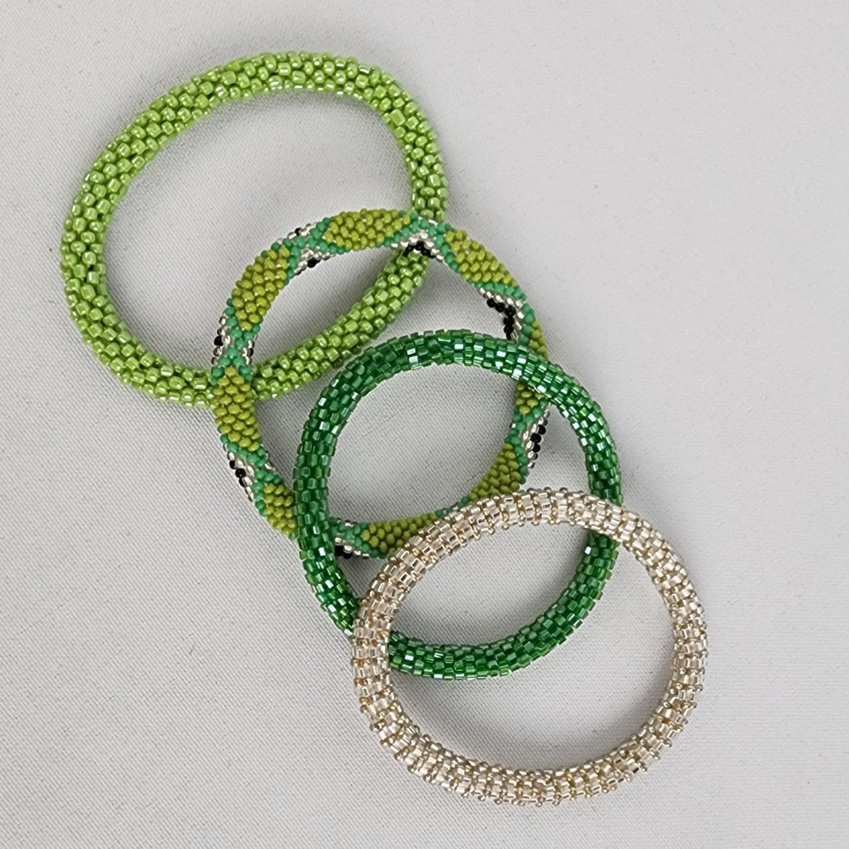 Nepal Glass Beaded Green & Gold Roll On Bracelets