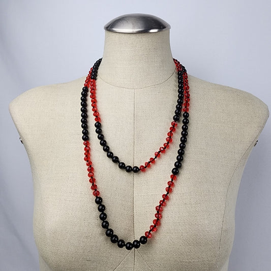 Black & Red Glass Hand Knotted Bead Long Necklace