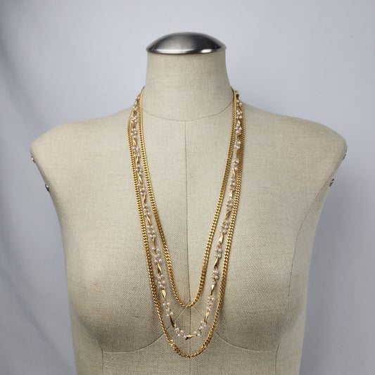 Vintage Gold Chain Faux Pearl Layered Necklace