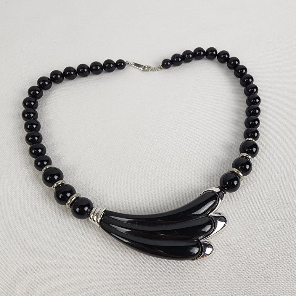Vintage 80s Black Beaded Statement Necklace