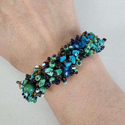 Blue & Green Glass Beaded Cluster Bracelet