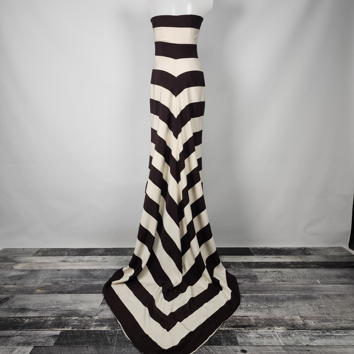 Vintage 90s Ralph Lauren Collection Silk Brown Striped  Pointed Train Colum Gown Size 2