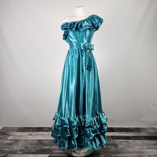 Vintage Party Time Blue One Shoulder Ruffle Gown Size XS