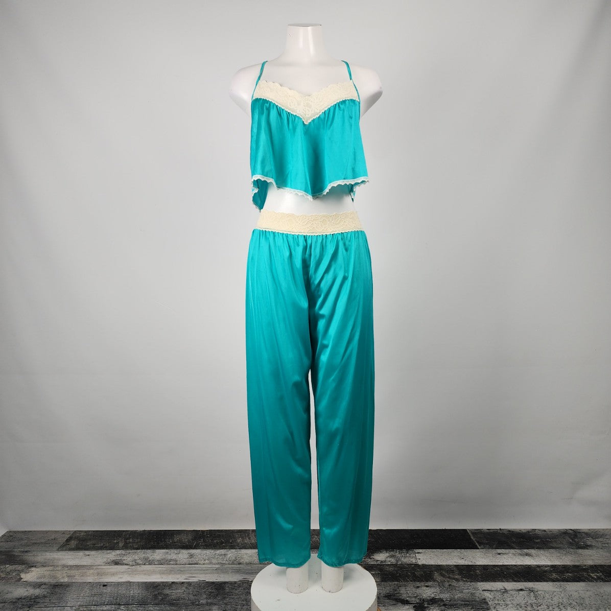 Vintage Cherie Teal Lace Trim Lingerie Top & Pants Set Size M/L