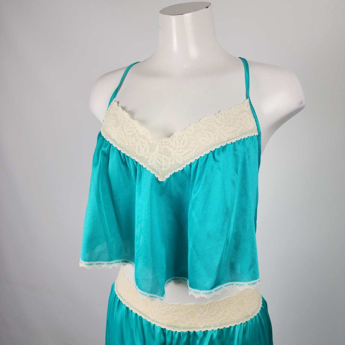 Vintage Cherie Teal Lace Trim Lingerie Top & Pants Set Size M/L