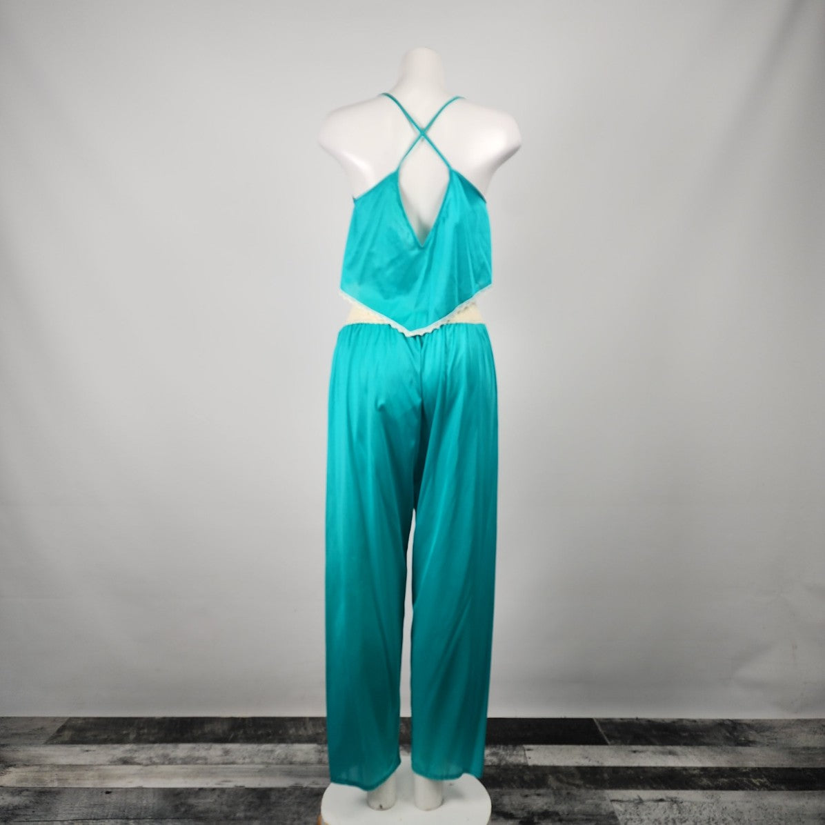 Vintage Cherie Teal Lace Trim Lingerie Top & Pants Set Size M/L