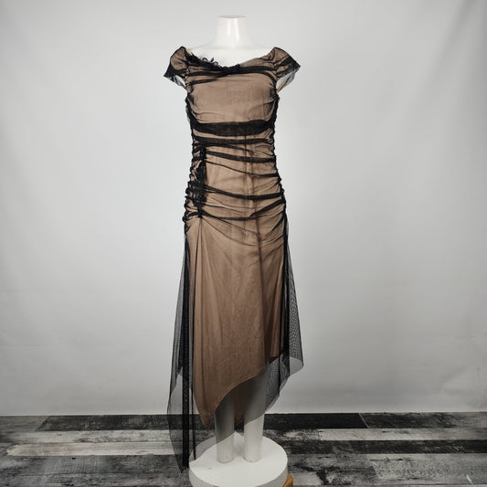 Scene Black Mesh Asymmetrical Nude Underlay Midi Dress Size 11/12