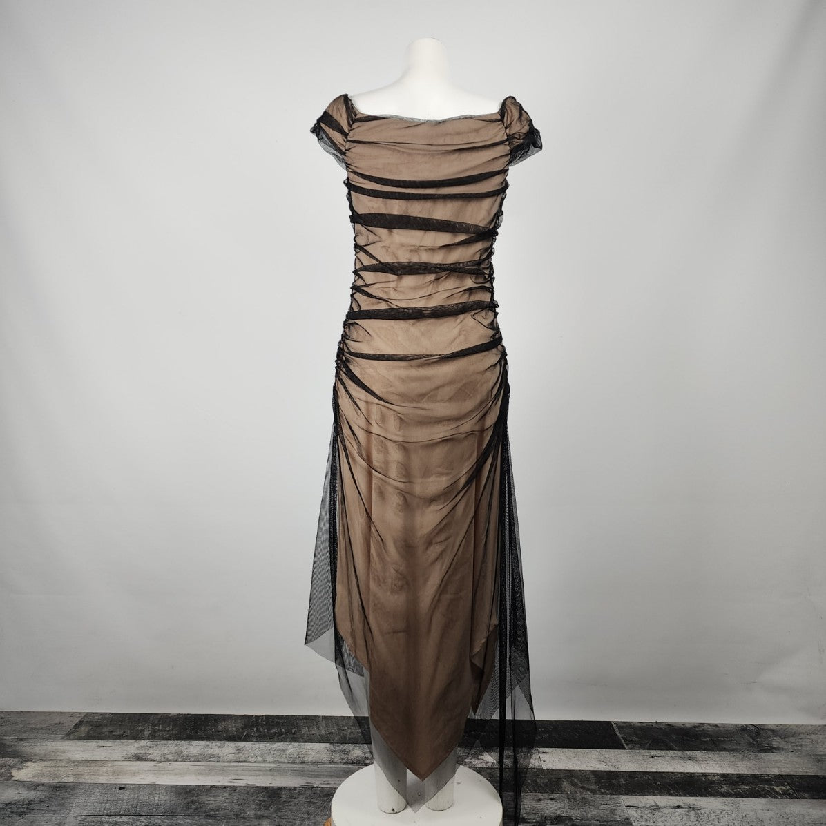 Scene Black Mesh Asymmetrical Nude Underlay Midi Dress Size 11/12