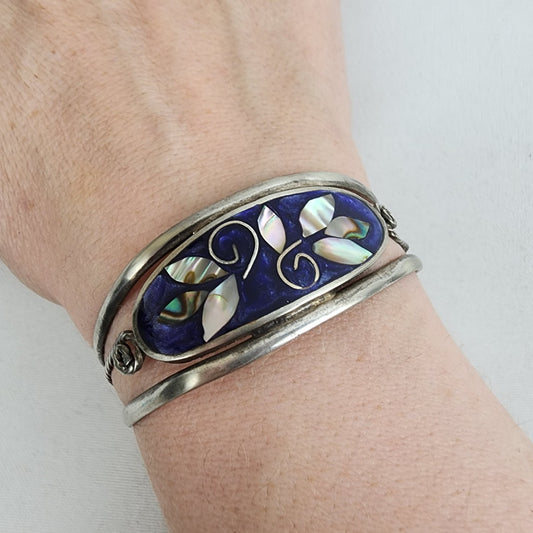 Vintage Alpaca Mexico Silver Abalone Schell Inlay Cuff Bracelet