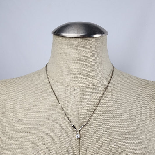 Vintage Silver Tone Crystal Pendant Delicate Necklace