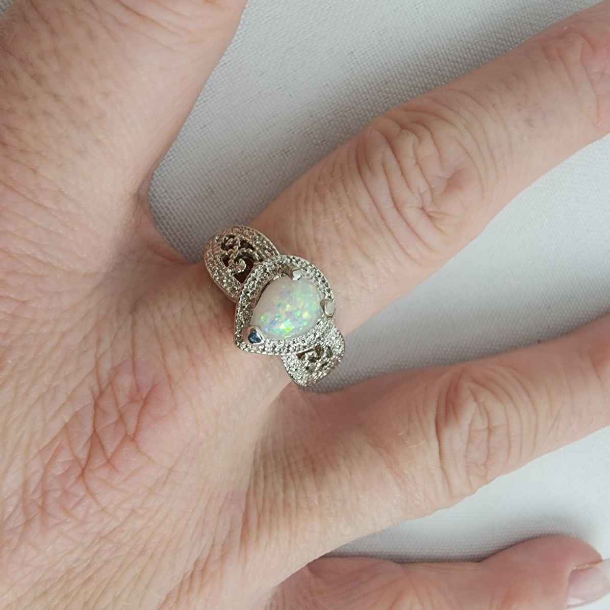 Silver Tone Faux Opal Stone Ring Size 8.5