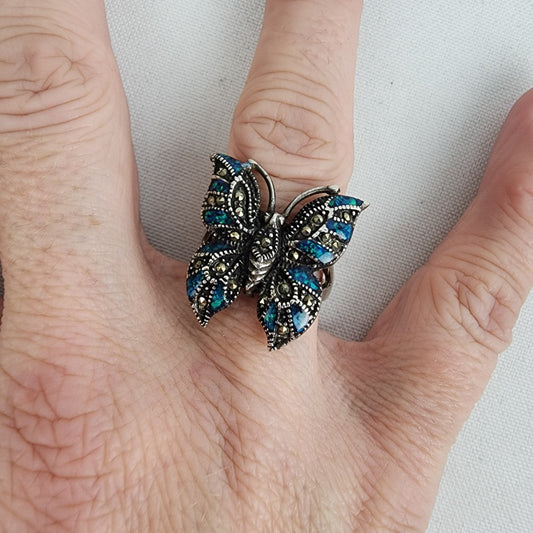 Vintage 925 AF Sterling Silver Enamel & Marcasite Butterfly Ring