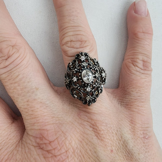 Vintage Silver Filigree Crystal Stone Statement Ring Size 7.5