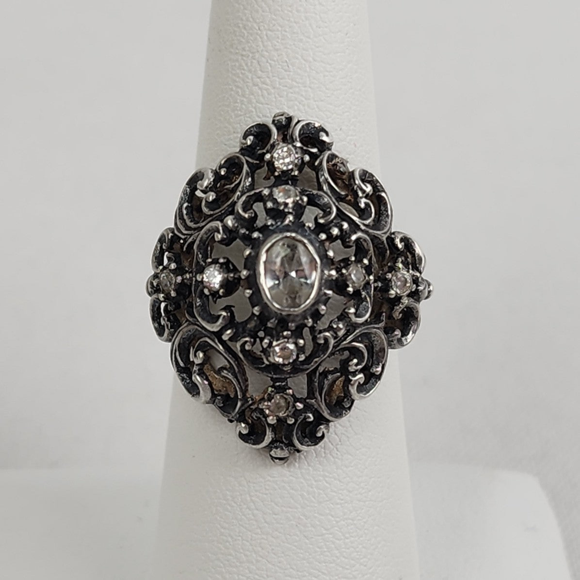 Vintage Silver Filigree Crystal Stone Statement Ring Size 7.5