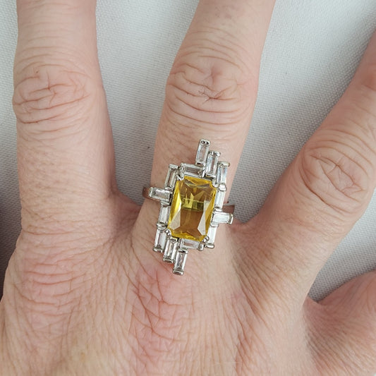 S925 Square Citrine Stone Crystal Statement Ring Size 9