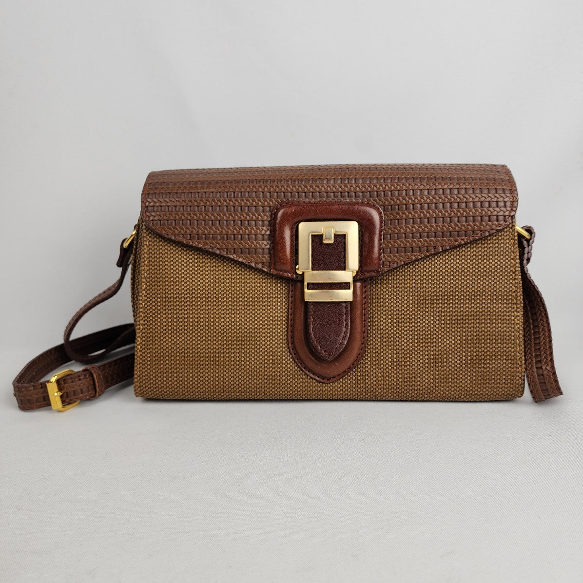 Vintage 80s Brown Leather Trimmed Crossbody Purse