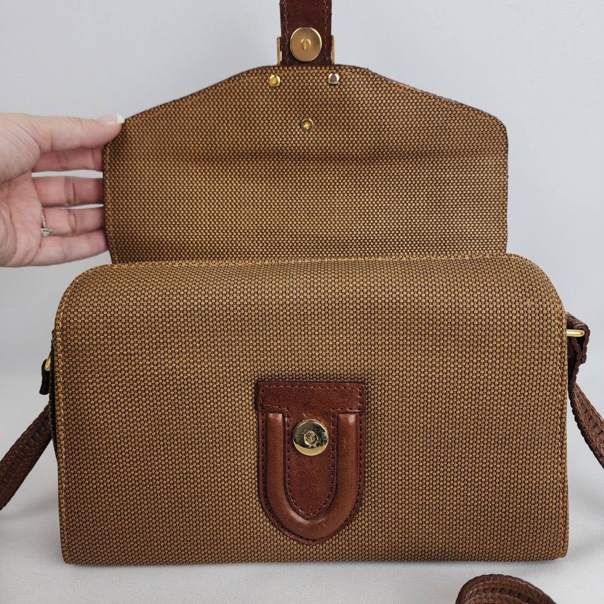 Vintage 80s Brown Leather Trimmed Crossbody Purse