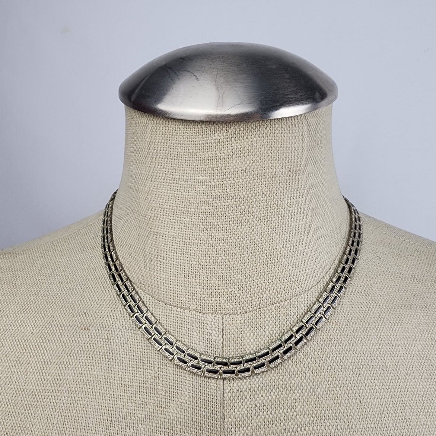 Vintage Silver Tone Black Enamel Collar Chain Necklace