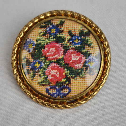 Vintage Embroidered Round Framed Print Floral Brooch