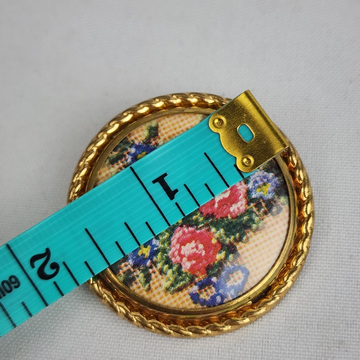 Vintage Embroidered Round Framed Print Floral Brooch