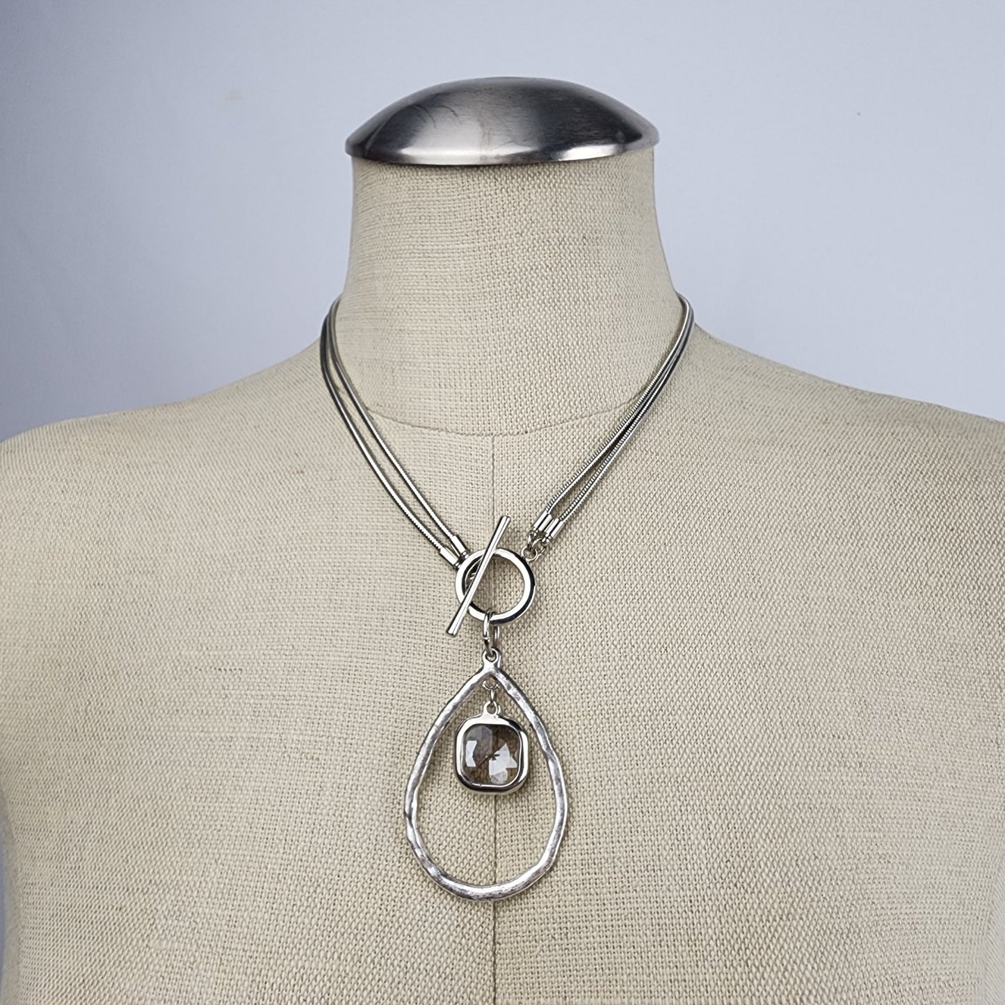 Silver Tone Crystal Pendant Toggle Necklace