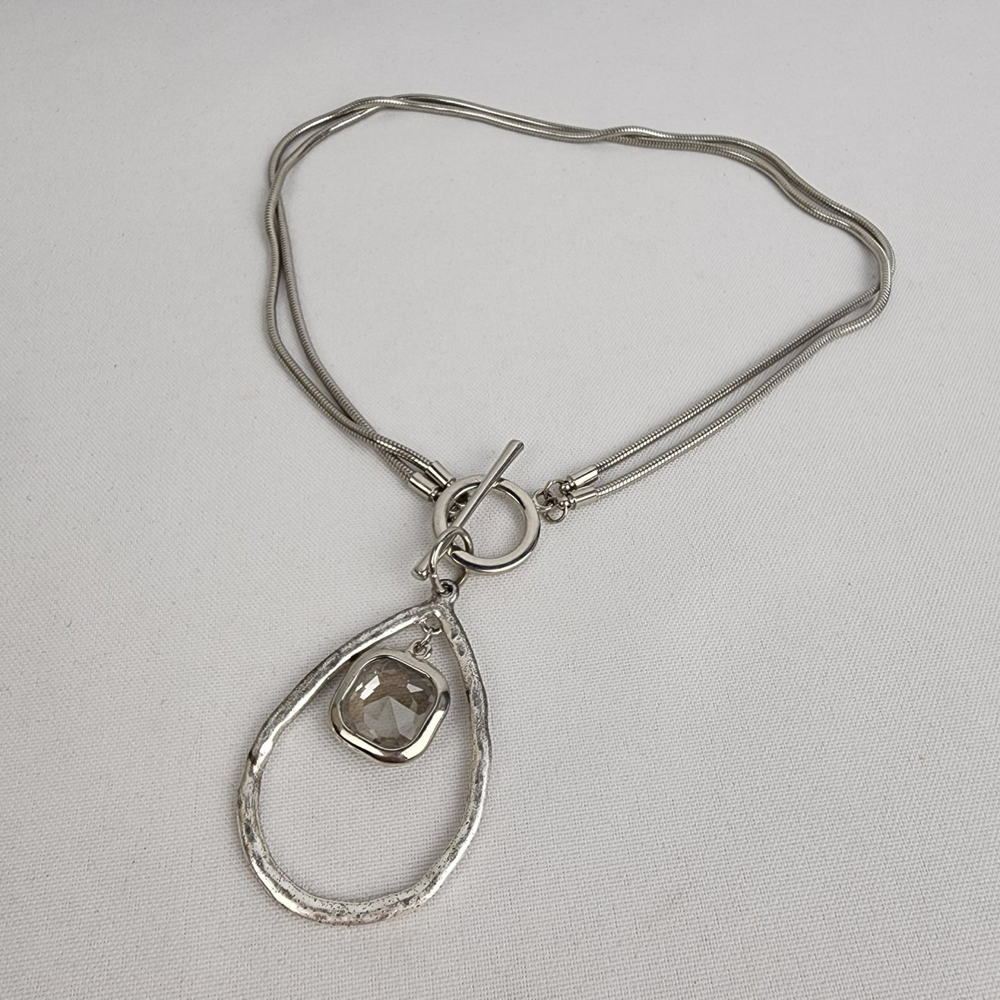 Silver Tone Crystal Pendant Toggle Necklace