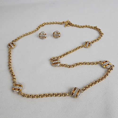 Vintage 80s Gold Tone Chain Crystal Long Necklace & Earring Set