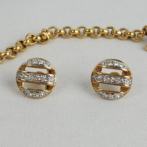 Vintage 80s Gold Tone Chain Crystal Long Necklace & Earring Set