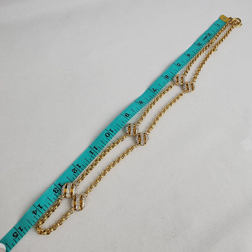 Vintage 80s Gold Tone Chain Crystal Long Necklace & Earring Set