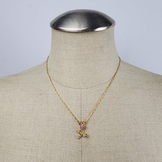 Vintage Butler Pink Rhinestone Rose Bud Gold Chain Necklace