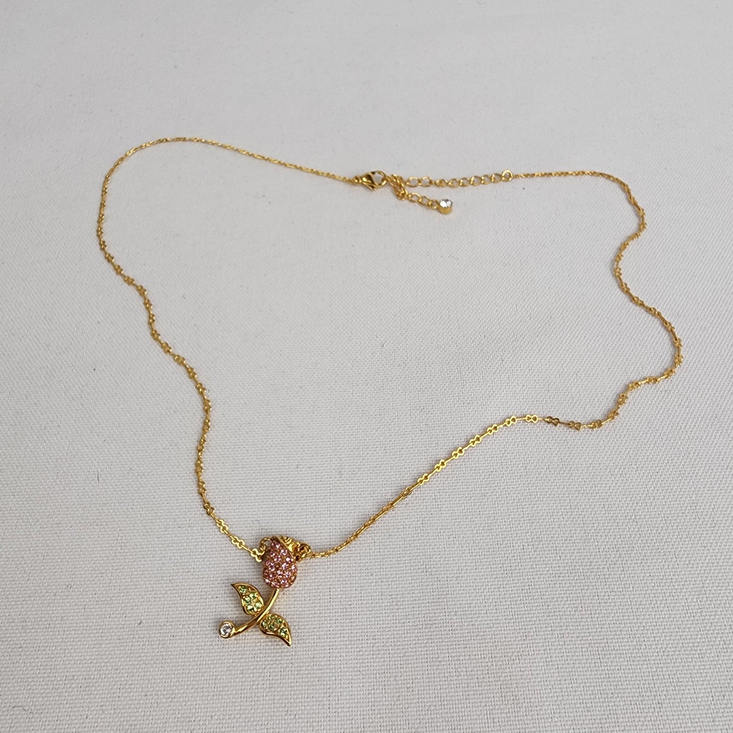 Vintage Butler Pink Rhinestone Rose Bud Gold Chain Necklace