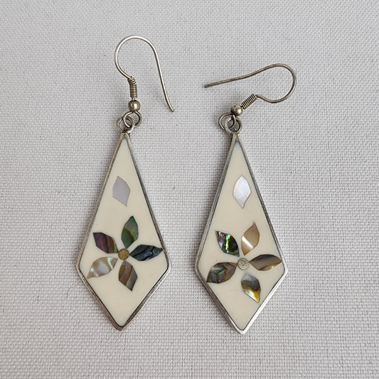 Vintage Alpaca Mexico Silver Abalone Schell Flower Earrings