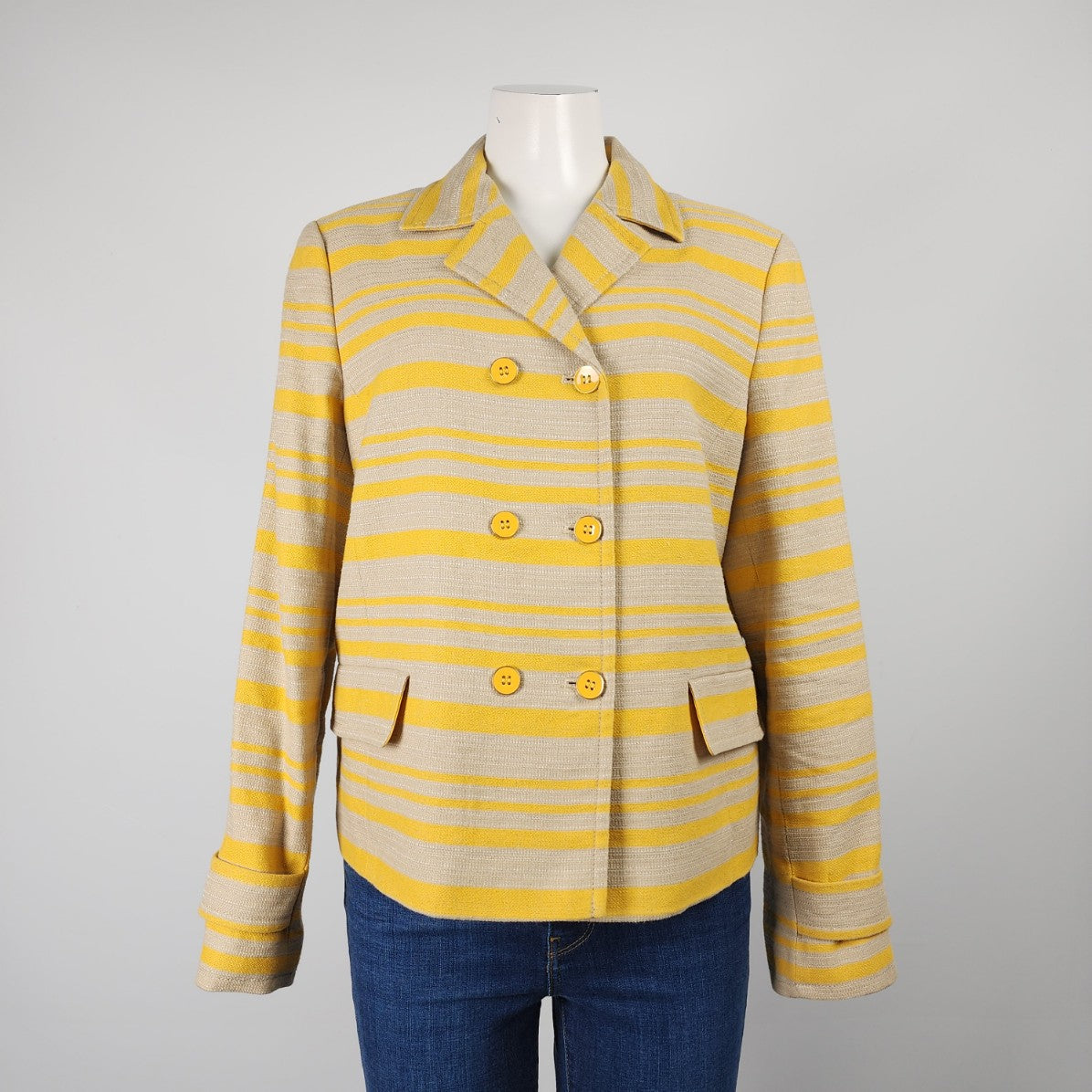 Talbots Cotton & Linen Yellow Striped Double Breasted Jacket Blazer Size 14