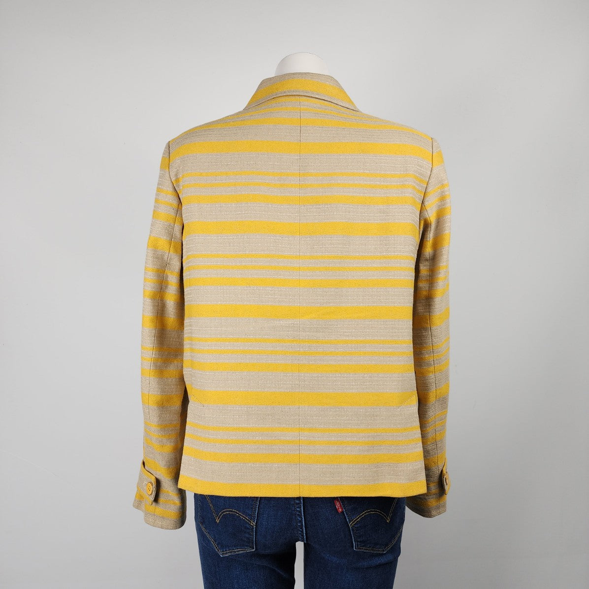 Talbots Cotton & Linen Yellow Striped Double Breasted Jacket Blazer Size 14