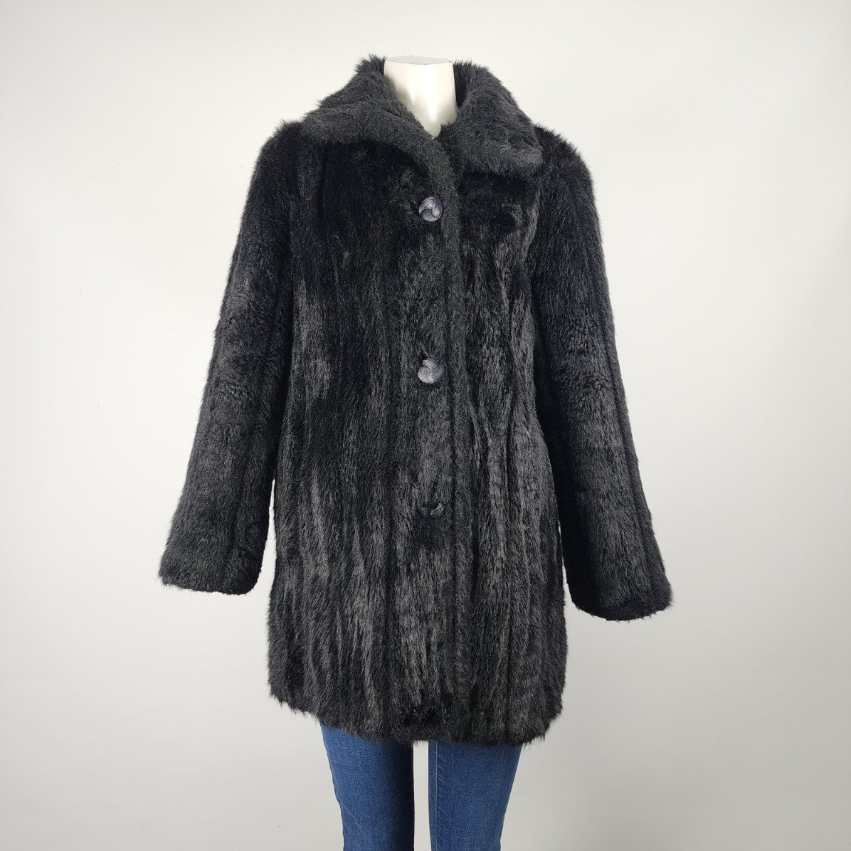 Vintage Black Faux Fur Button Up Jacket Size L