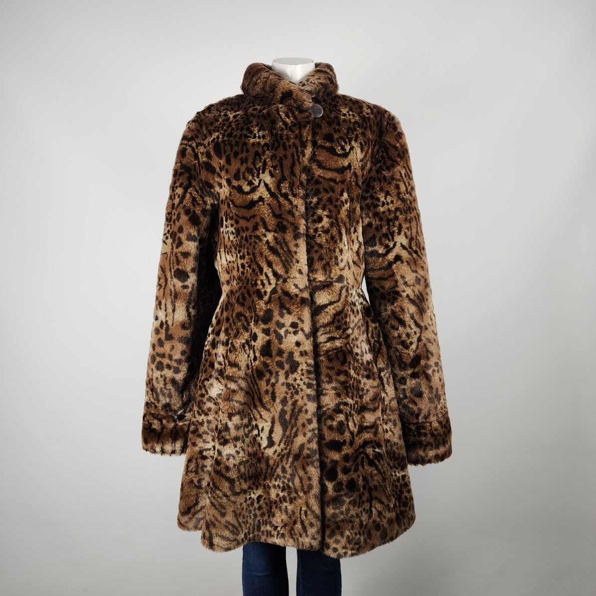 Olympia Animal Print Fit & Flare Faux Fur Coat Size L