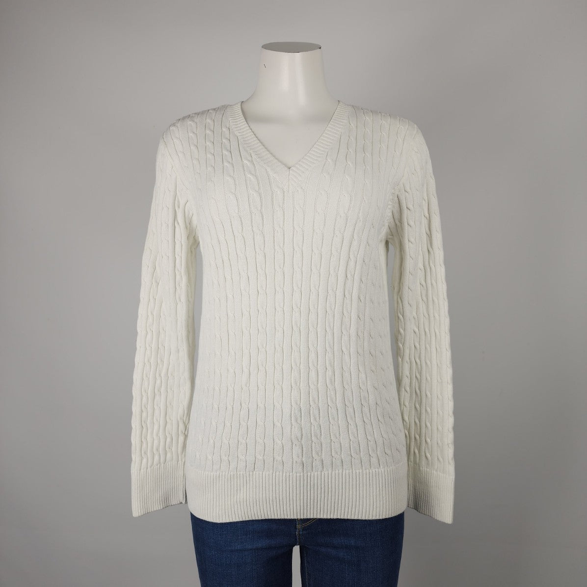 Jeanne Pierre White Cotton V-Neck Knit Sweater Size S