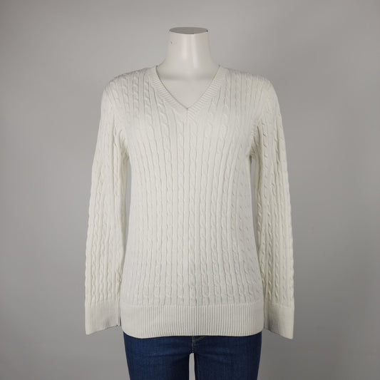 Jeanne Pierre White Cotton V-Neck Knit Sweater Size S