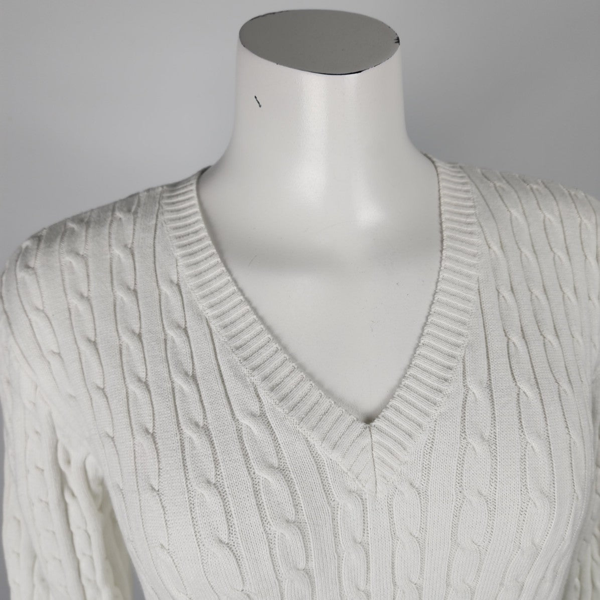 Jeanne Pierre White Cotton V-Neck Knit Sweater Size S