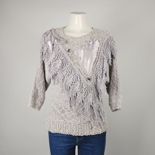 Vintage Bonnie & Bill Grey Lace Fringe Knit Sweater Size S