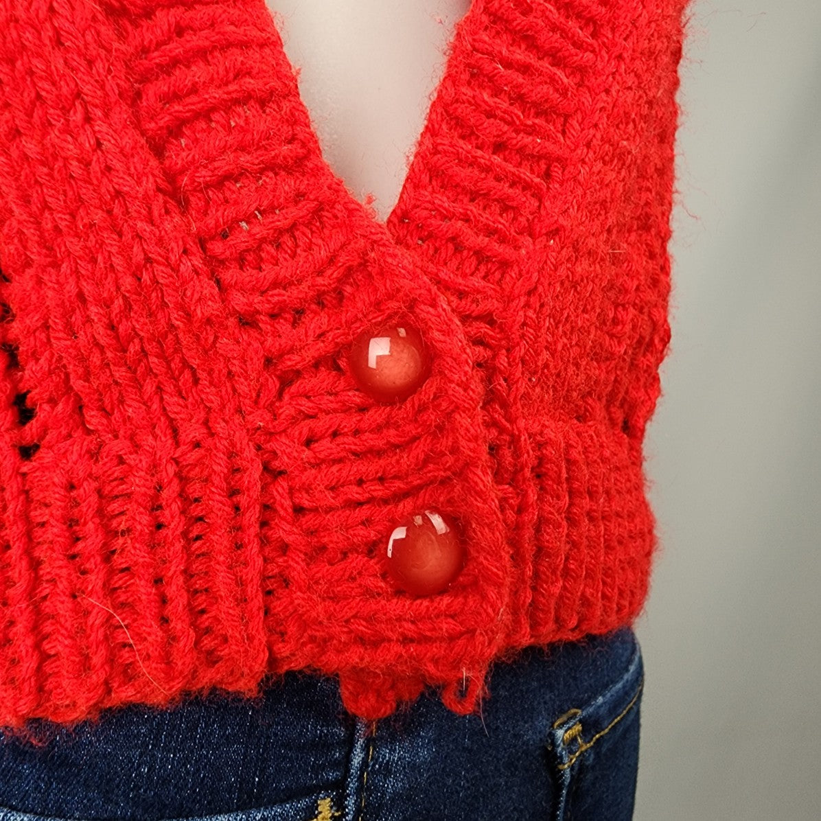 Vintage Handknit Red Sleeveless Sweater Vest Size S/M