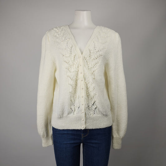 Vintage Handknit Cream Pearl Button Up Cardigan Size M