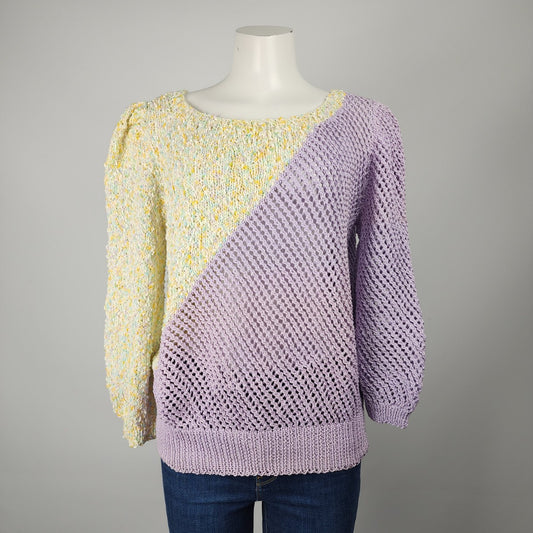 Vintage Handknit Purple & Yellow Puff Sleeve Sweater Size M