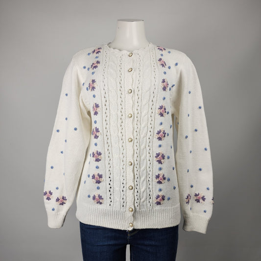 Vintage D'Allaird's White Knit Floral Button Up Cardigan Size S