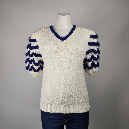 Vintage Handknit White & Blue Puff Sleeve Sweater Size S